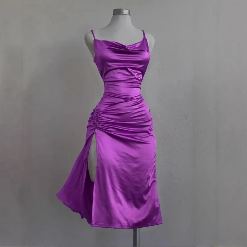 Spring and Summer New Women's Suspender Dress Fashionable Y2k Backless Solid Color Puckered Split Sexy Sleeveless Slim Hip Dress