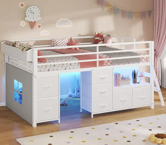 Low Loft Bed Twin Size with 7 Storage Drawers, Bookcase and LED Lights, Metal Kids Loft Bed with 14" H Safety Guardrail