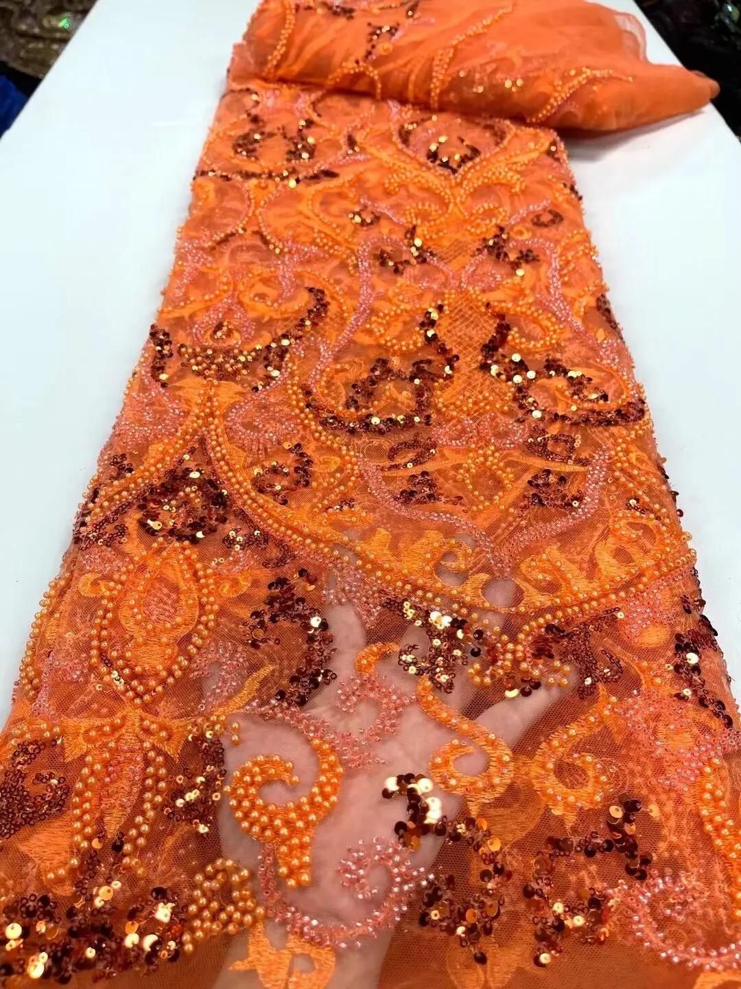 

High quality L-1219683 embroidery fabric with beads and sequins Africa lace French tulle mesh yarn For Party dresses