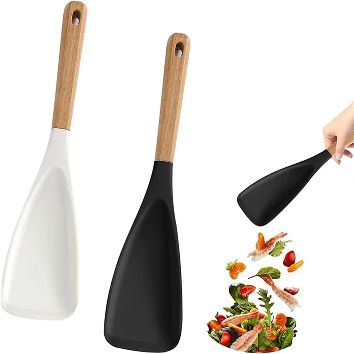 Multi-Function Spoon, Multi-function Spatula Spoon, Silicone Stirring Spoon with Wooden Handle for Nonstick Cookware