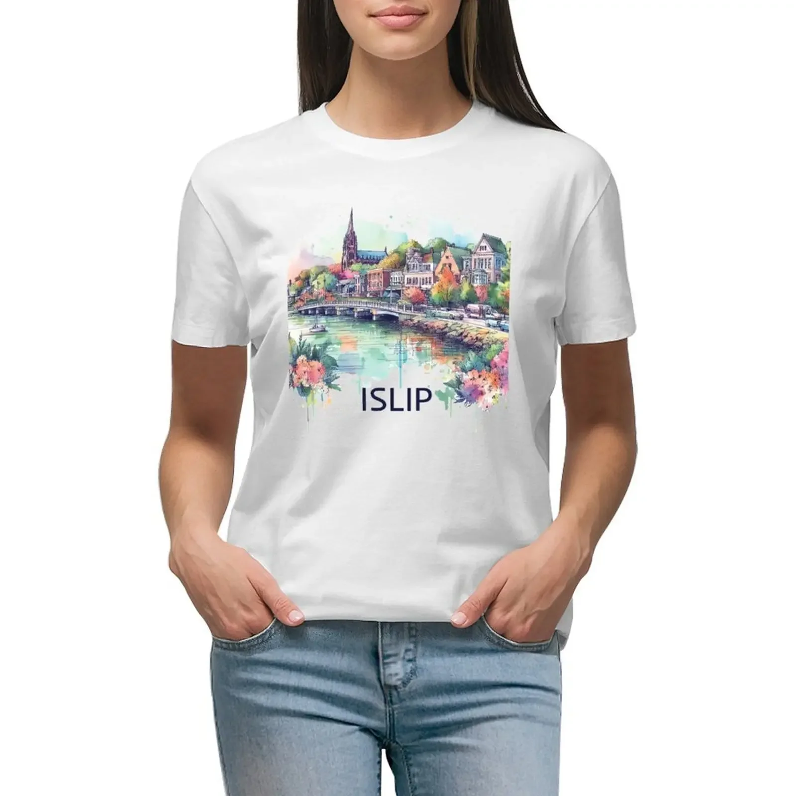 

Islip New York Watercolor Illustration T-shirt vintage clothes anime clothes plus size t shirts for Women loose fit