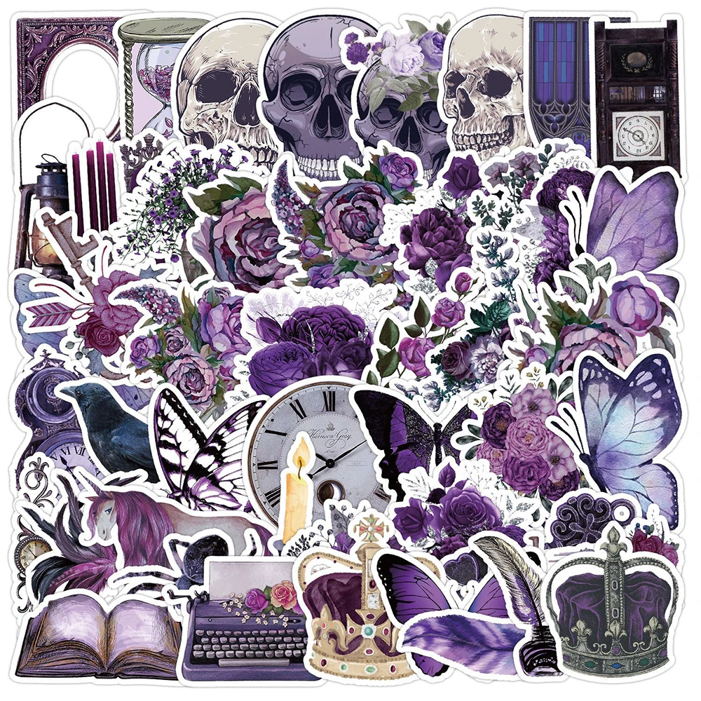 10/30/50PCS Purple Flowers Skull Gothic Cartoon Stickers Aesthetic Travel Skateboard Suitcase Guitar Luggage Graffiti Sticker