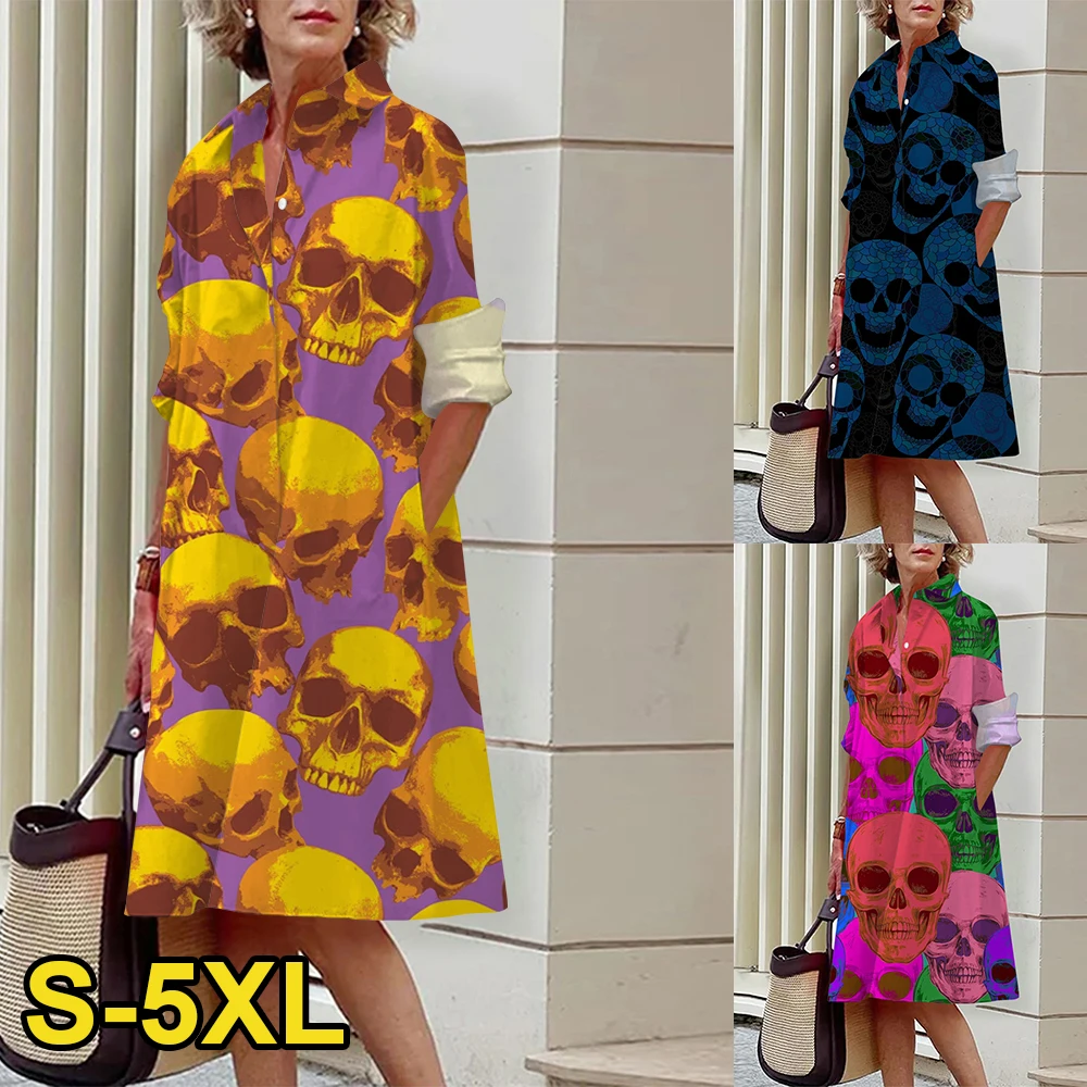 

2024 New Oversized Women's Dress Long Sleeve Printed Skull Pattern Elegant Ladies Attending Party Ceremony Beautiful Dress