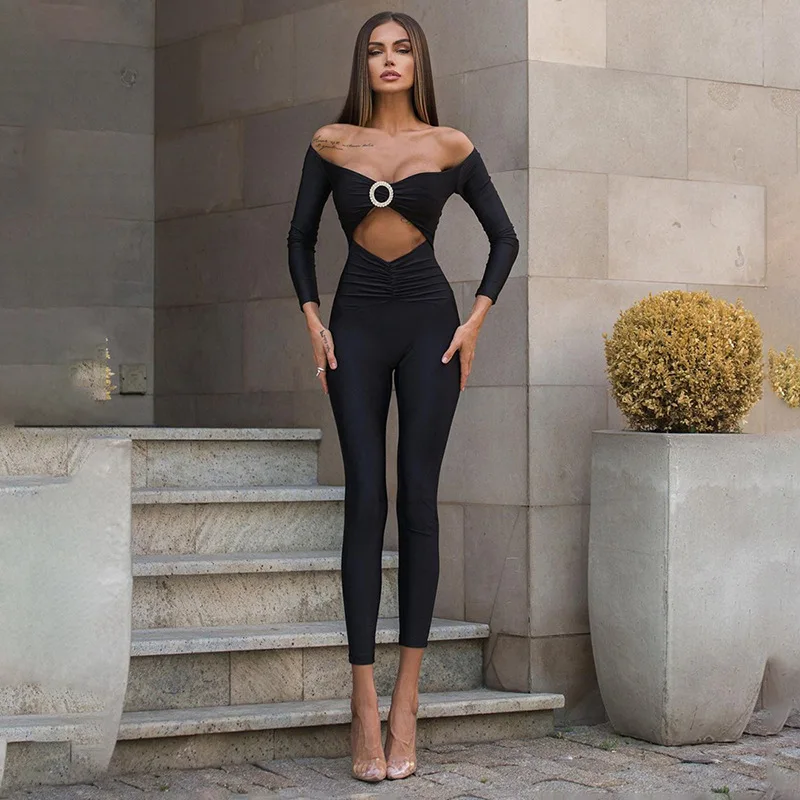 

Black Off The Shoulder Long Jumpsuit for Women Sexy Hollow Out Skinny Jumpsuits Autumn Winter Long Sleeve Club Party Playsuit