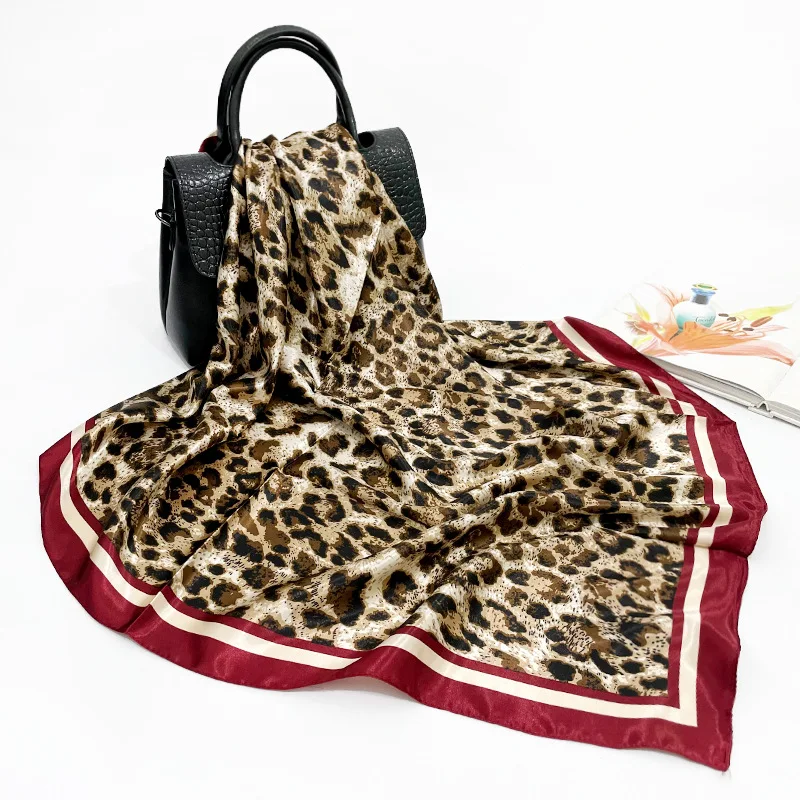 90*90CM New Women Leopard Polka Dot Print Silk Scarf Fashion Versatile Sunscreen Square Headscarf Wholesale 4