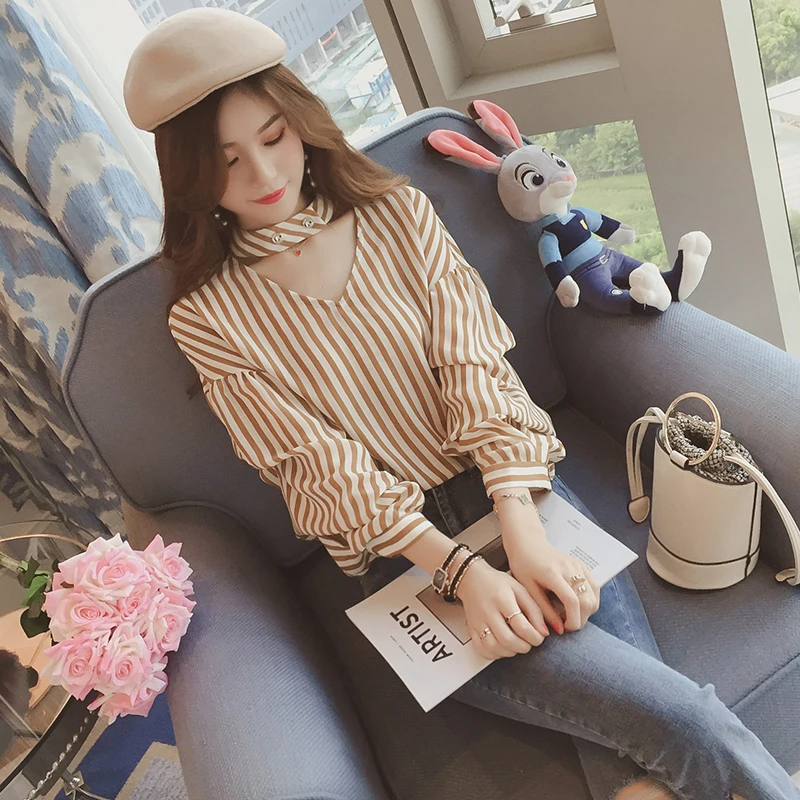 Tops for Women Halter Neck V Clothes Striped Womens Shirt & Blouse Long Sleeve Chiffon Streetwear Vintage Tall Elegant Luxury M