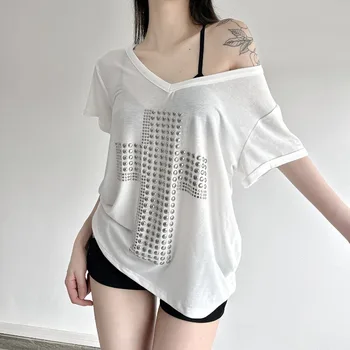Japanese Y2K Metal Cross Print T-shirt 2000s V-neck Sheer Short Sleeve Tops Vintage Harajuku Short Sleeve Streetwear Loose Tees 1