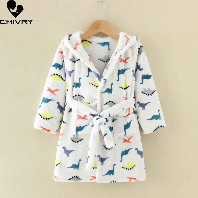 Autumn Winter Kids Hooded Flannel Bathrobe Baby Bath Robes Boys Girls Cartoon Dinosaur Warm Pajamas Long Sleeve Towel Robe