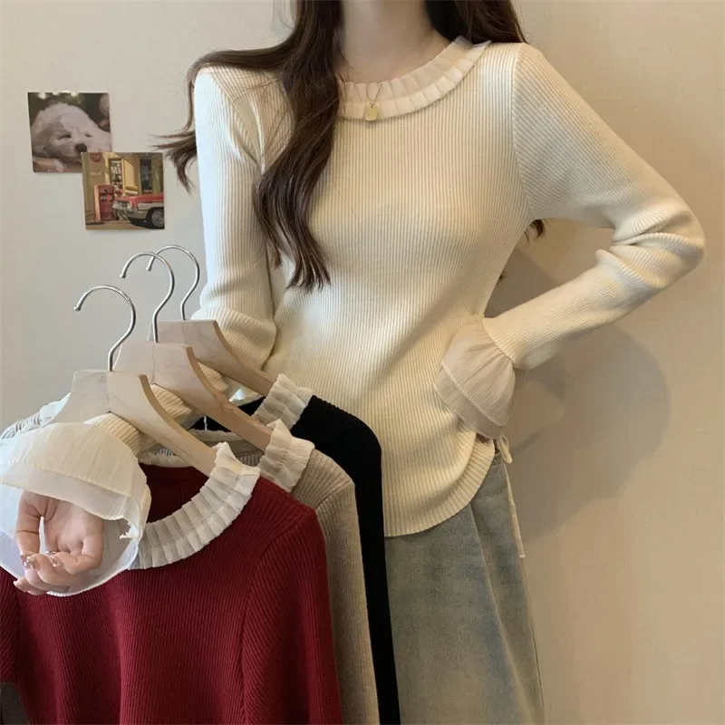 

Autumn French Lace Knitted Top Women Drawstring Design Thin Knit Pullovers Solid Color Versatile Long Sleeve Sweater Female