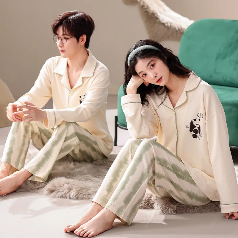 Korean Couple Pajamas Set 95% Cotton Homewear Fresh Style Long Sleeve Sleepwear New Autumn Pj Set For Lover Pijamas Mujer Suit