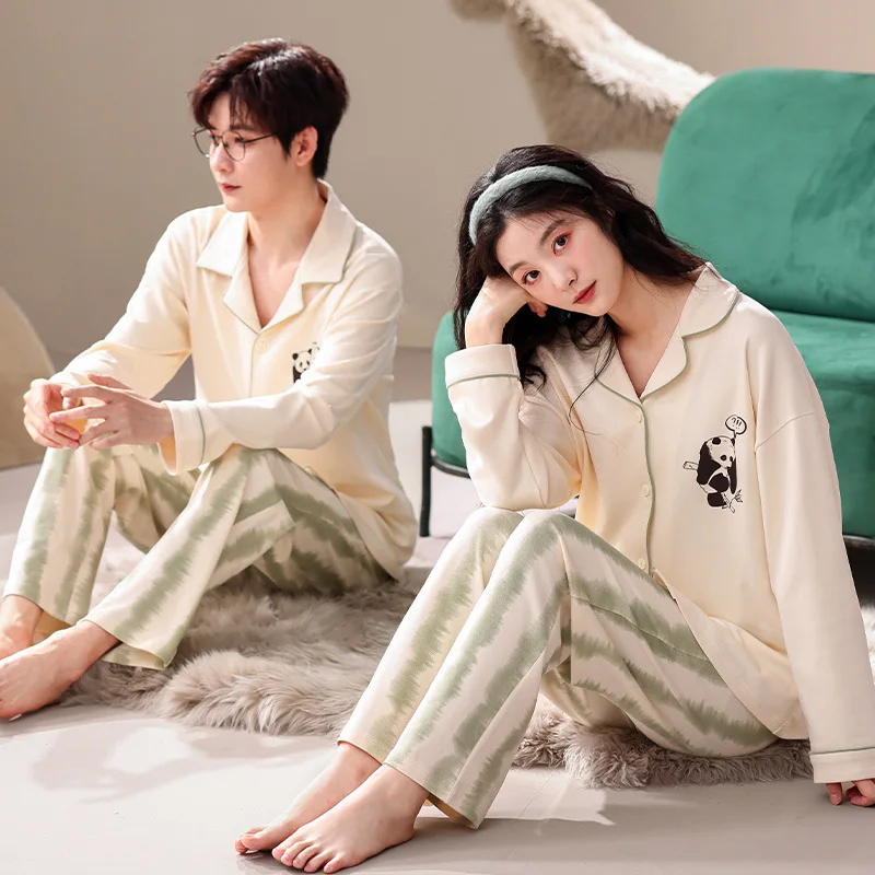 Korean Couple Pajamas Set 95% Cotton Homewear Fresh Style Long Sleeve Sleepwear New Autumn Pj Set For Lover Pijamas Mujer Suit sweet 100% cotton cute pajamas set fancy lace simple home clothes sleepwear long sleeve top pants pijamas suit homewear