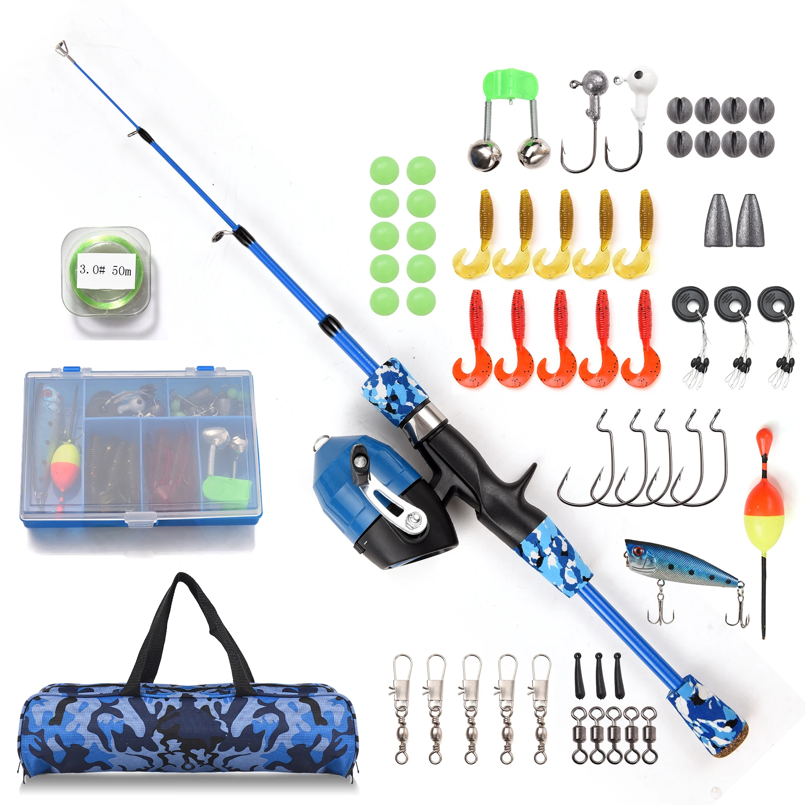 Kids Fishing Rod and Reel Combo Full Kit 1.2m/1.5m Telescopic Casting Rod  Pole with Spincast Reel and Hooks Lures Swivels bag