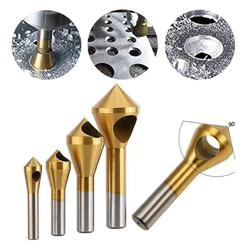 

4pcs Oblique Hole Chamfer 90 Degree Single Hole Countersink Bit Set Deburring Round Shank Countersink Drill Bit Titanium Coated