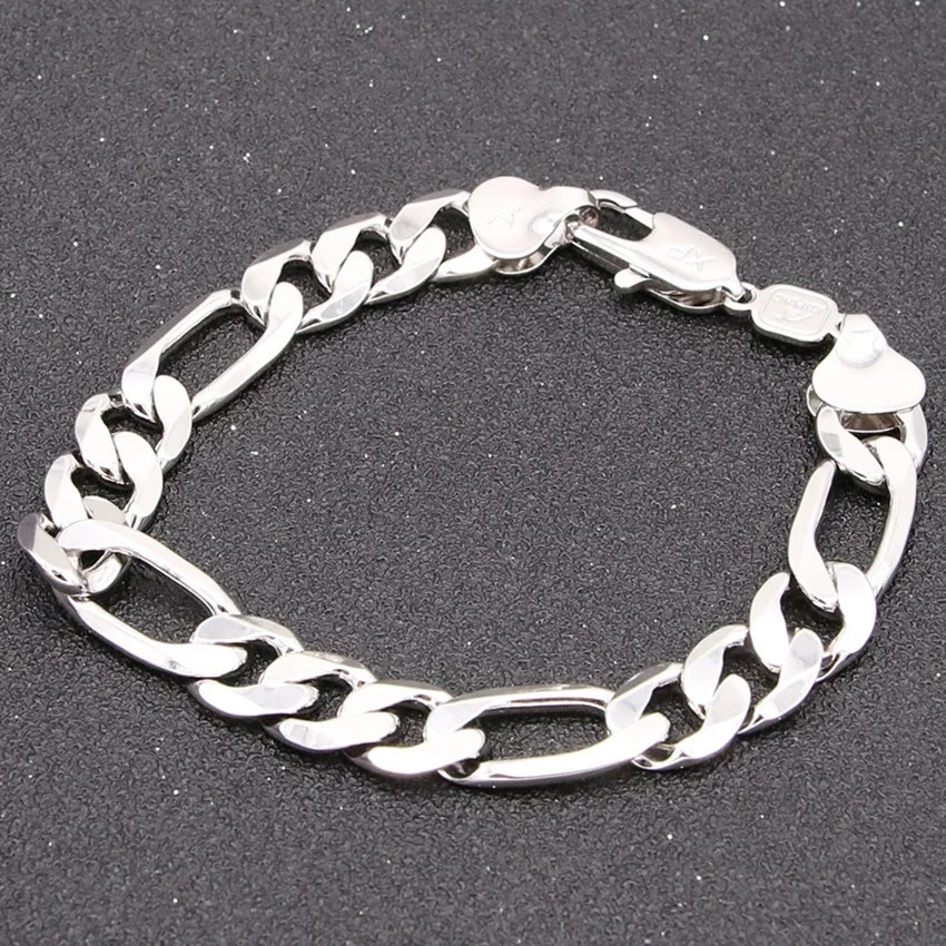 

Figaro Chain Bracelet Solid White Gold Filled Mens Womens Classic Curb Link Bracelet & Bangle 10mm,21cm