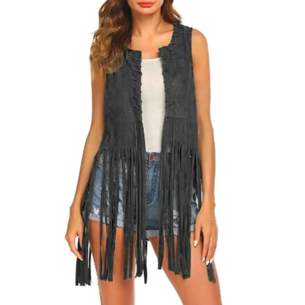 

Vintage Women Vest Coat Long Tassels Suede Open Front O Neck Hollow Hole Fringed Waistcoat