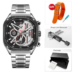 Sleek Black Quartz Men's Waterproof Watch with Square Dial and Stainless Steel Strap (Silver Orange - Box - T)
