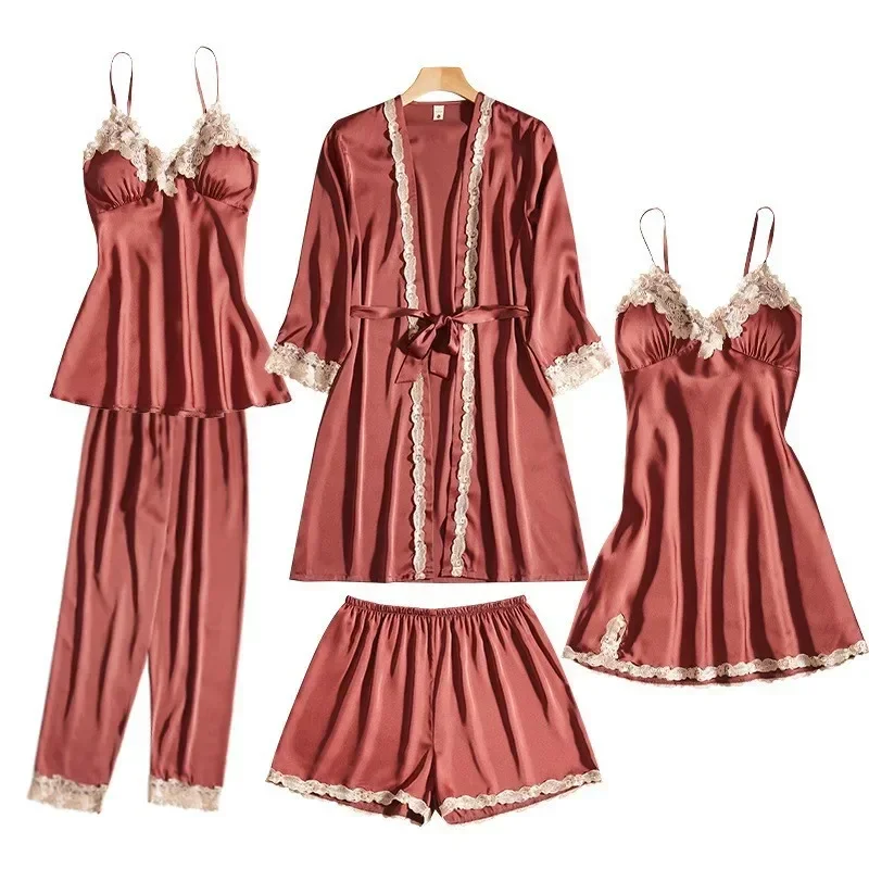 Ice Silk Pajamas Women'S Summer Thin Sexy Lace Sling Nightgown Five-Piece Set Korean Version Long-Sleeved Home Clothes Smooth