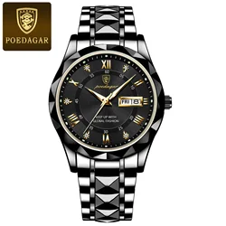 POEDAGAR Luxury Stainless Steel Men's Quartz Wristwatch - Waterproof & Luminous (Black Black)