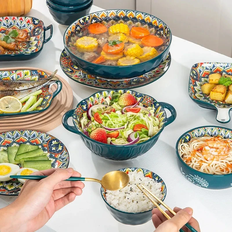 Ceramic Tableware Rice Salad Round Dish Dinner Plate Bowl Dinnerware Set microwave safe W4829