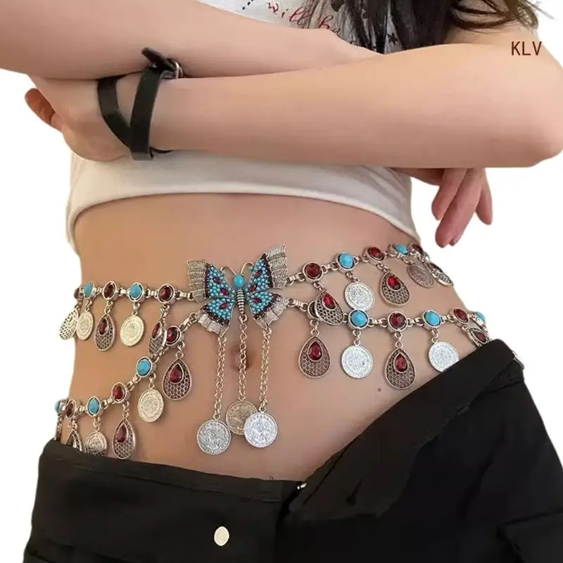 

Elaborate Chain Belly Chain For Dress Coin Crystal Coin Fringed For Women Waist Chain Belt Butterfly Waist Chain