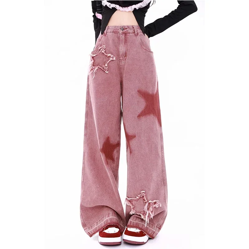 

Retro Pink Jeans Letters Printed High-waisted American Street Wide Leg Pants Hip-hop Fashion Straight Y2K Streetwear Pants