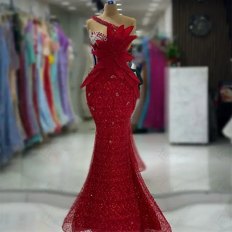 

Arabic Elegant Red Evening Dresses 2023 Customize Mermaid Crystals Engagement Party Dress Robe De Soiree Sequins Long Prom Dress