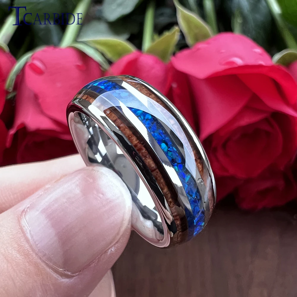 8MM Men Women Black Tungsten Wedding Band Nice Wood Opal Ring Domed Grooved Polished Finish Comfort Fit