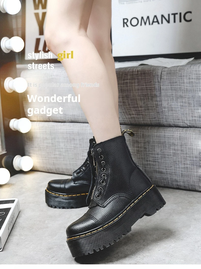 Women Leather Boots - Retro Platform Motorcycle Ankle Boots With Front Zipper