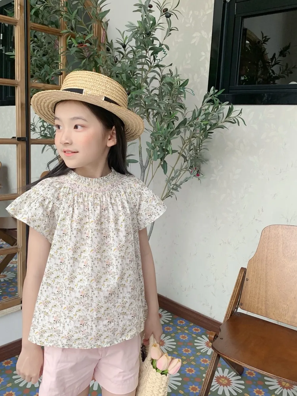 

in stock baby girls clothes girls tops French pastoral style floral pattern printed embroidered top kids t-shirts