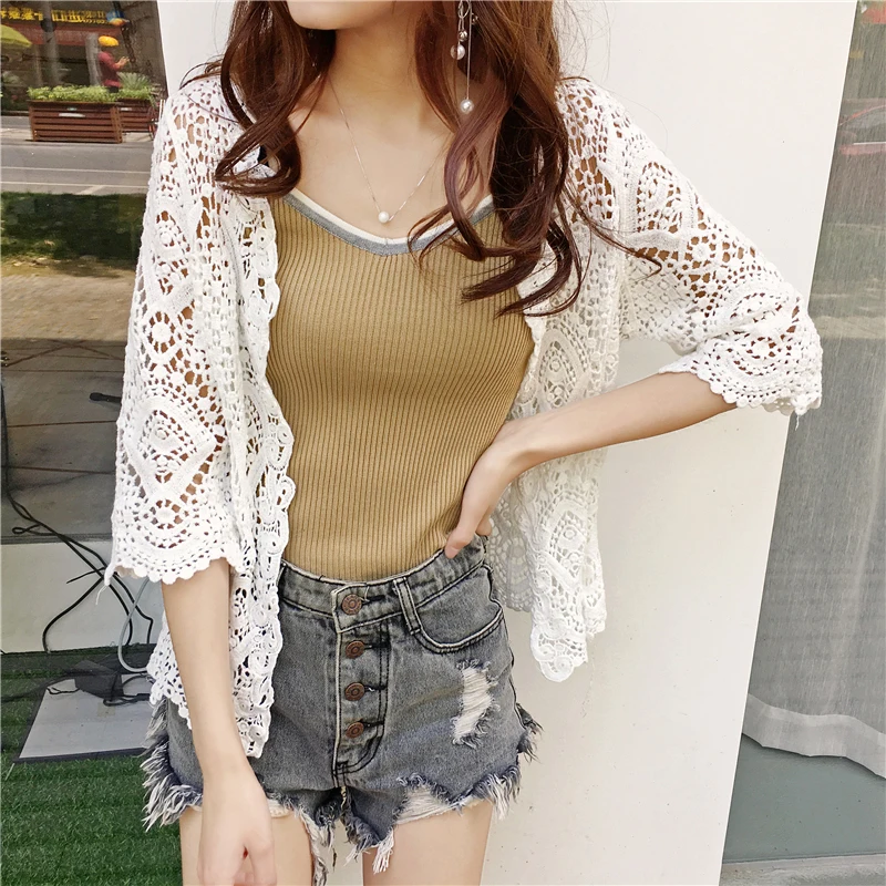 Sun Protection Women Crop Tops 2024Summer Thin Transparent Lace Cardigan Sheer Hooded Sunscreen Jacket