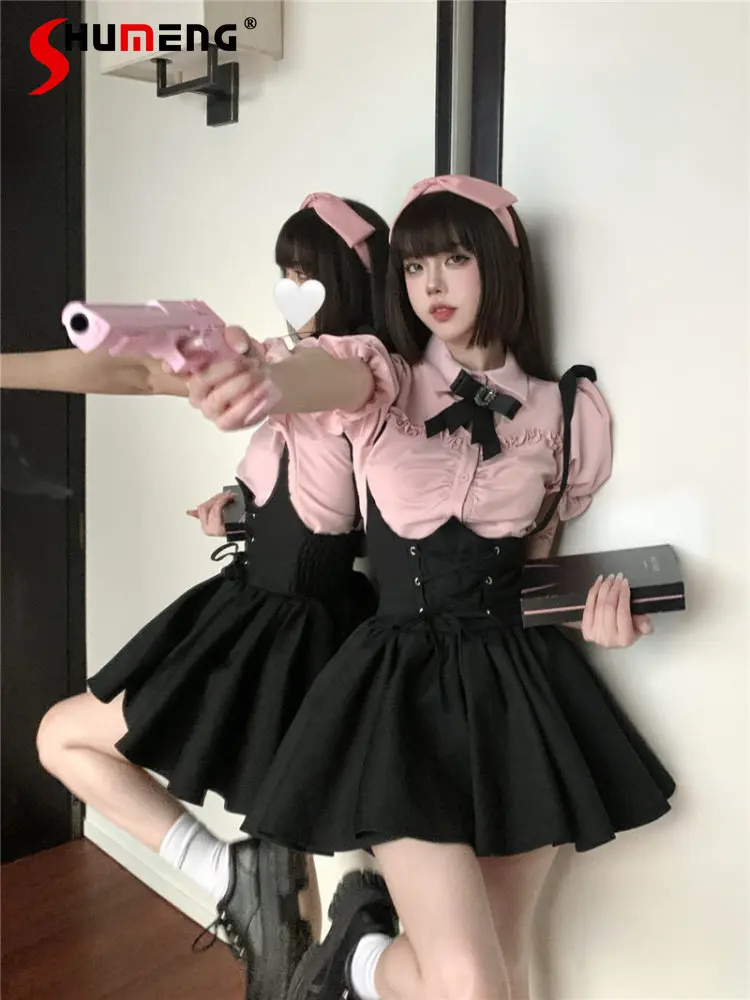 College Style Sweet Woman Pink Brooch Blouse and Suspender Skirt Suit 2023 New Girl Flying Sleeve Shirt Black Strap Skirts Set