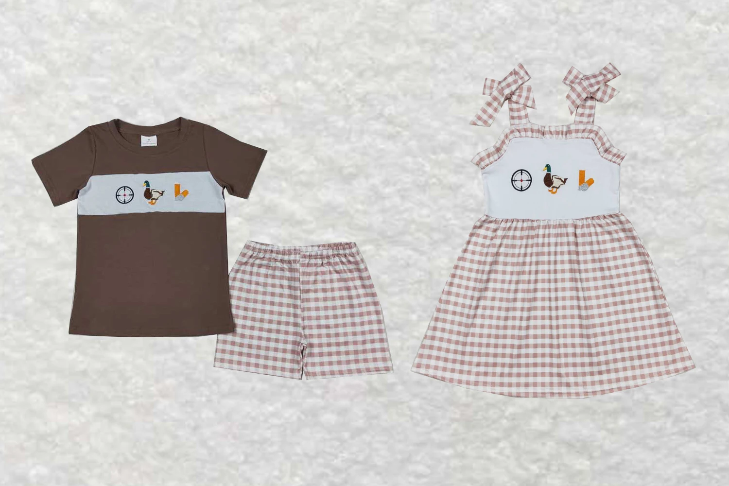 

wholesale hot sale western boutique clothing baby girls and boys clothes Embroidered duck brown short-sleeved plaid shorts suit