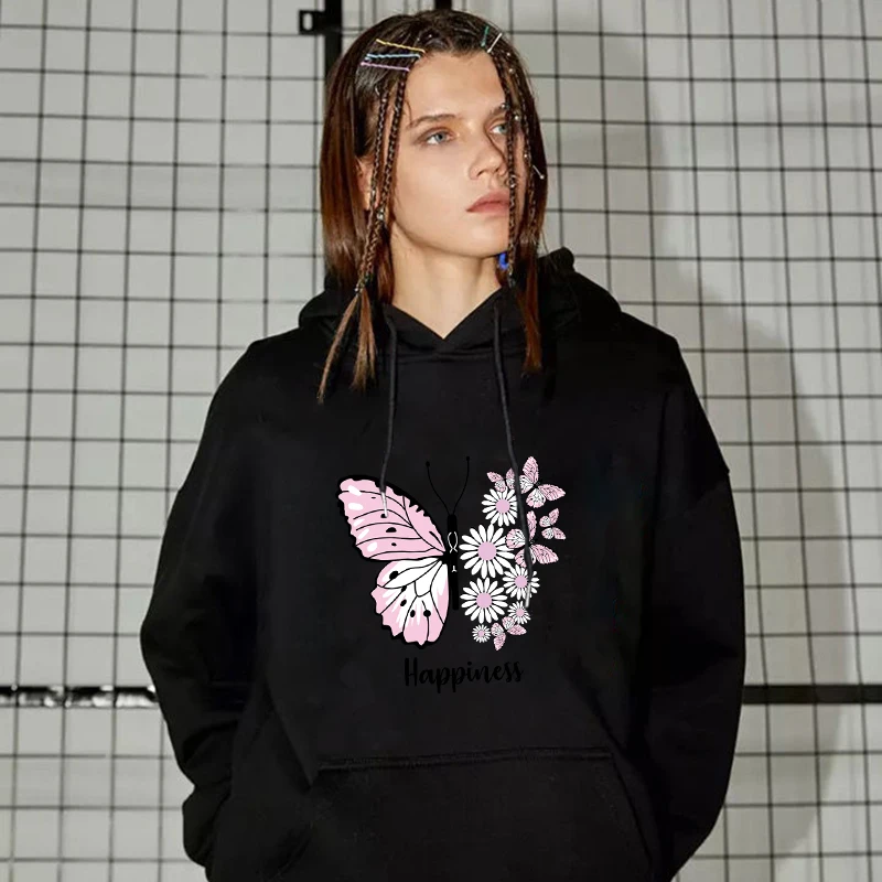 Men's and Women's Unisex Butterfly Print Pullover Casual Hooded Pocket Sweatshirt Sweatshirt Black