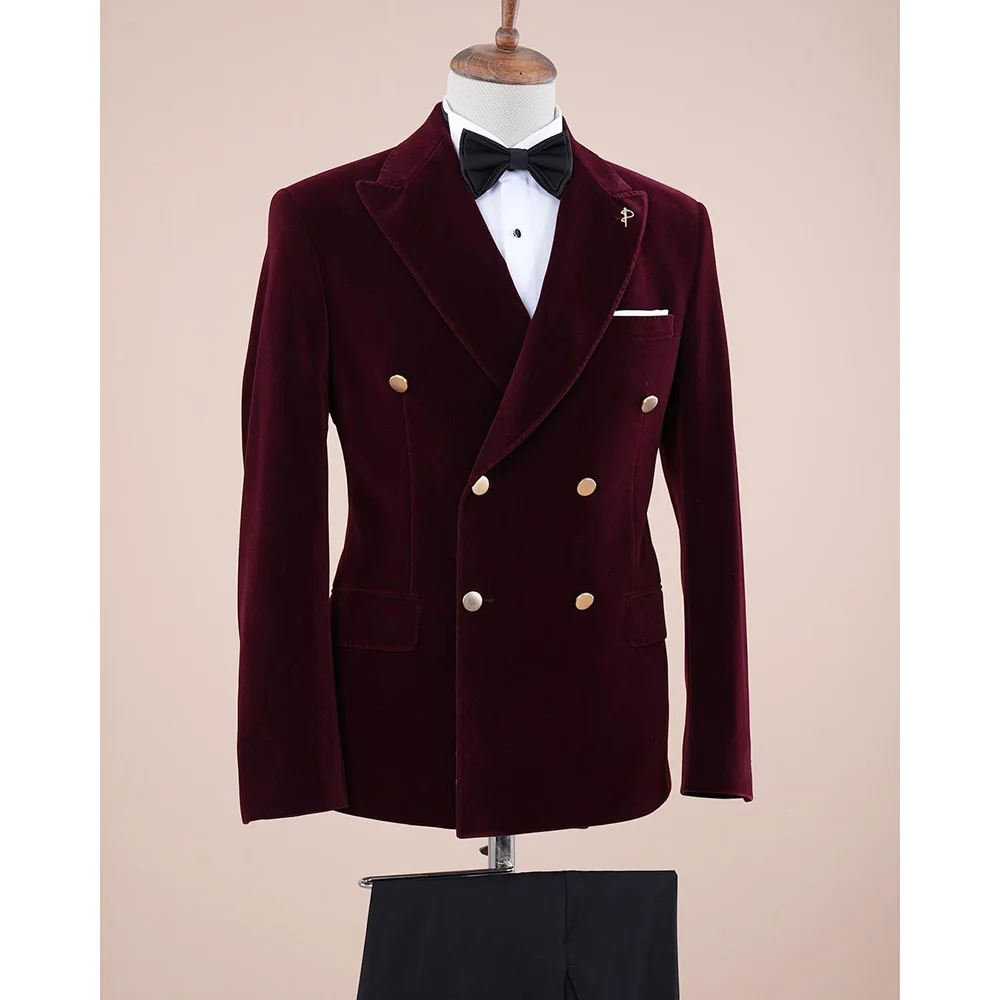 

Деловой бархатный мужской двубортный Блейзер бордового цвета с планкой спереди, Высококачественная куртка из 2 предметов, черные брюки, наряды Terno