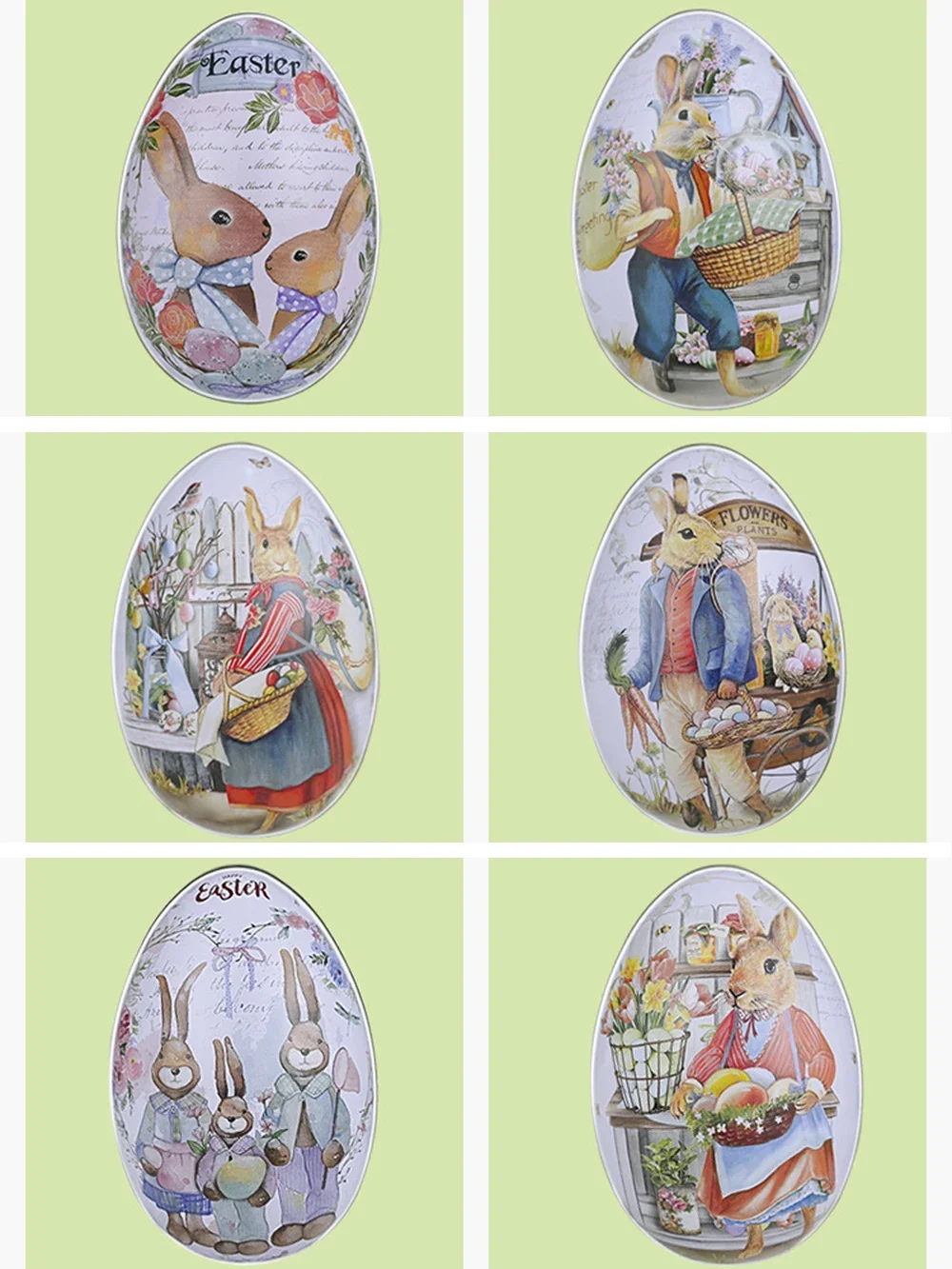 3/6 Stück Ostereierform Weißblech Geschenkbox Vintage Kaninchen Hase Bedruckter Metall Süßigkeiten Kekse Behälter für Ostern Party Geschenkbevorzugung – Detail 7