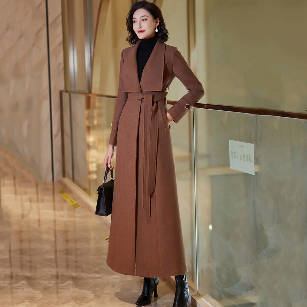 

New Autumn Winter Wool Overcoat For Women Fashion Turn-down Collar Slim Wool Blended Coat With Belt Elegant Overlength Outerwear