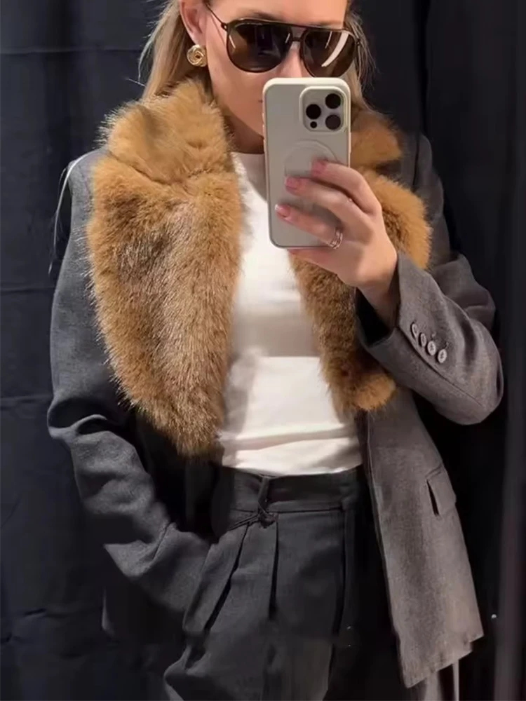 Women's Blazer Jacket Chic Fashion Faux Fur Lapel Single-Breasted Slim Blazers Coat Female Autumn Winter New Outerwears