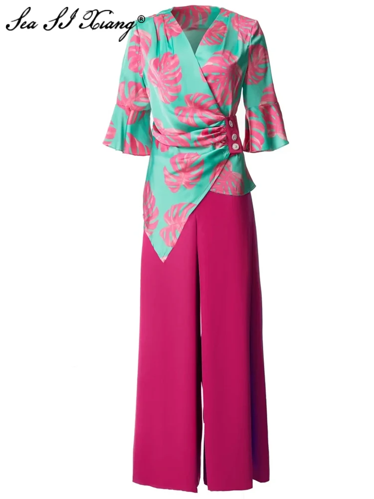 

Seasixiang Fashion Designer Summer Suit Women Flare Sleeve Crystal Buckle Party Tops + Pockets Wide Leg Pants Office Lady Set