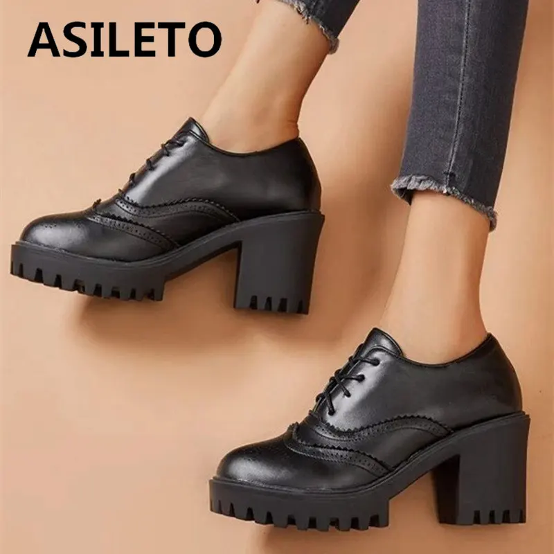 

Бренд ASILETO, повседневные женские туфли-лодочки с круглым носком на блочном каблуке, на шнуровке, на платформе, повседневная женская обувь, большие размеры 41 42 43