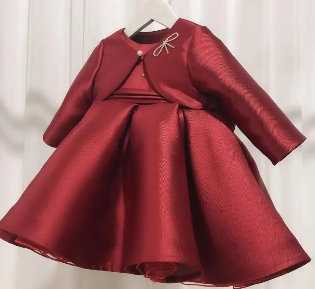 

Burgundy Children Party Formal Dress For Wedding Birthday Kids Ceremonies Dresses For Girls Tutu Flower Girls Dress with Jacket