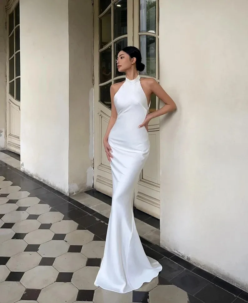 Modern Wedding Dresses Mermaid Sexy Customized Women Bride Dresses Halter Neck Elegant Bride Dress Long Wedding Party Gown 3