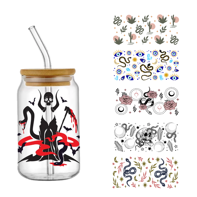 

UV Wraps Snake Scary Design Best Seller 3D UV DTF Cup Wrap Transfers Stickers Labels Durable Waterproof Logo 16oz Glass Wrap