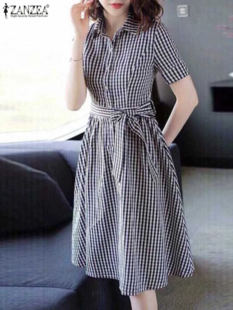 

ZANZEA Casual Short Sleeve A-line Belted Dress Women Plaid Checked Shirt Dress Fashion Office Commuting Sundress Oversize Robes