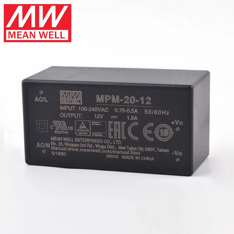 MEAN WELL MPM-20 스위칭 전원 공급 장치, 밀폐형 의료 전원 모듈, 20W, 3.3, 5, 12, 15, 24V