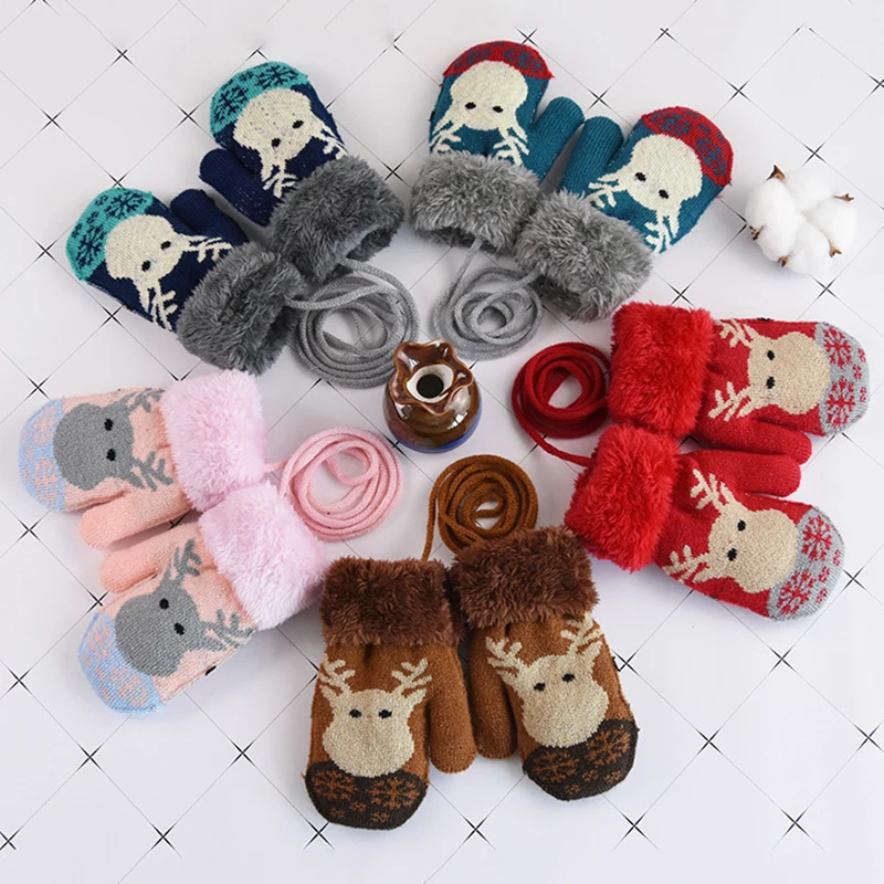 

1-4Y Christmas Cute Elk Knitted Yarn Gloves Winter Warm Children Double Velvet Thick Outdoor Gloves