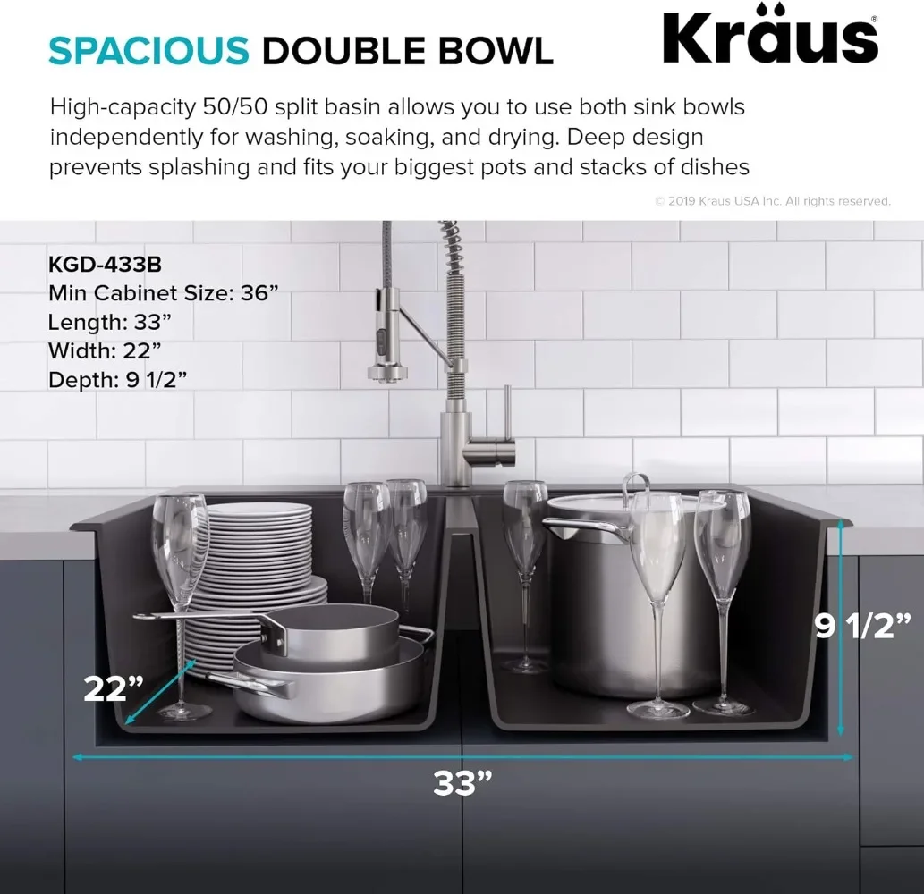 33 Inch Dual Mount 50/50 Double Bowl Granite Black Kitchen Sink W/Drop in And Undermount Kitchen Sink Installation 4