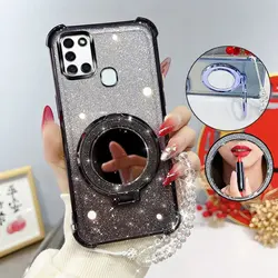 Glitter Four - Corner Shockproof Phone Case with Mirror Stand and Beaded Strap - Galaxy A21s (Black)