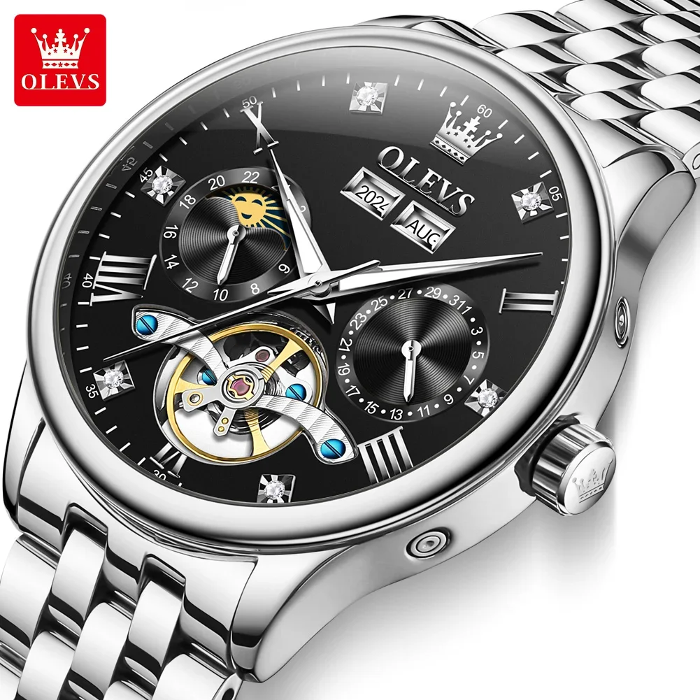 OLEVS 7023 Men's Watches Luxury Moon phase Waterproof Original Automatic Mechanical Watch for Men Stainless Steel Date Watch Man