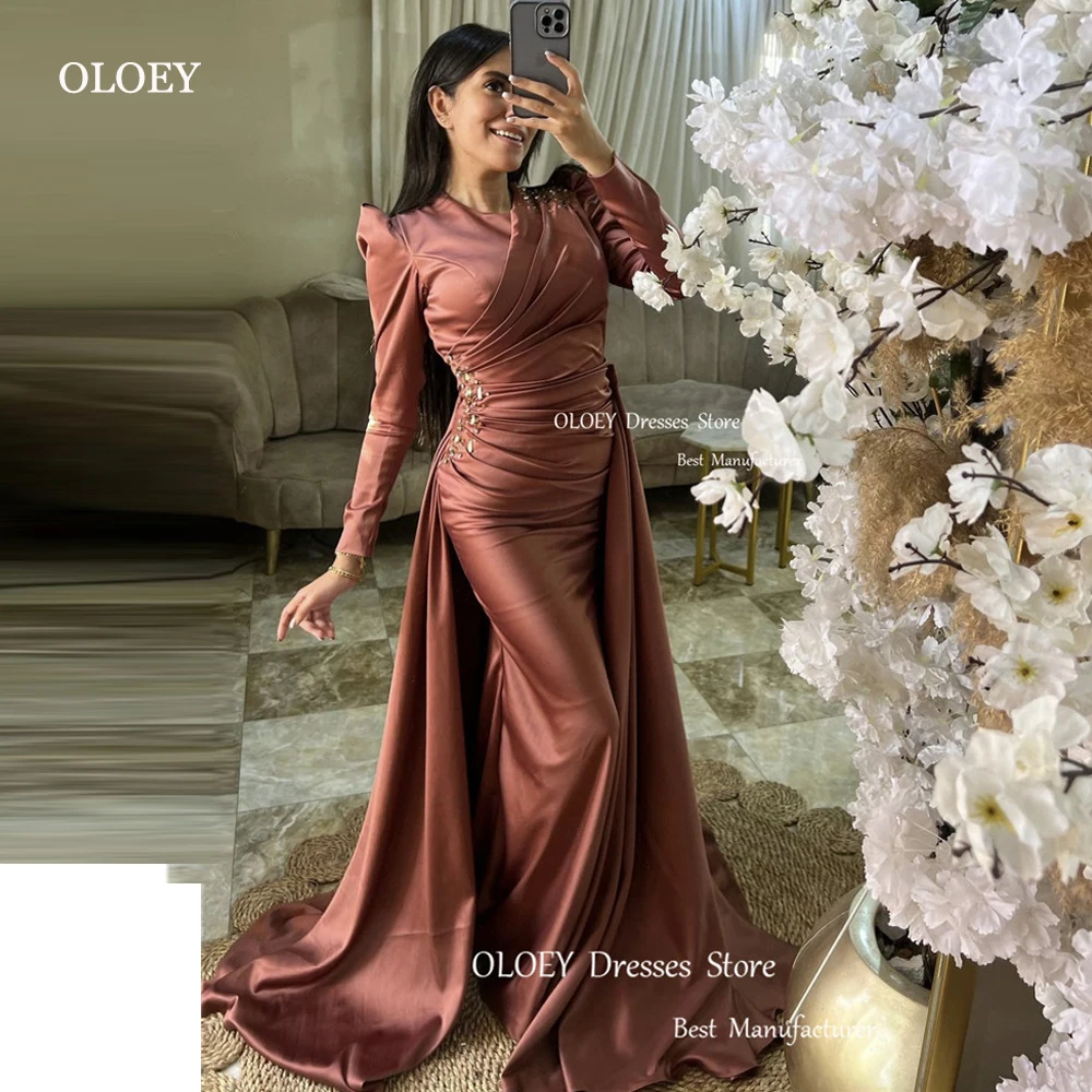 

OLOEY Modest Dubai Arabic Women Evening Dresses Muslim Long Sleeves Crystal Pleats Prom Gowns Formal Occasion Party Dress