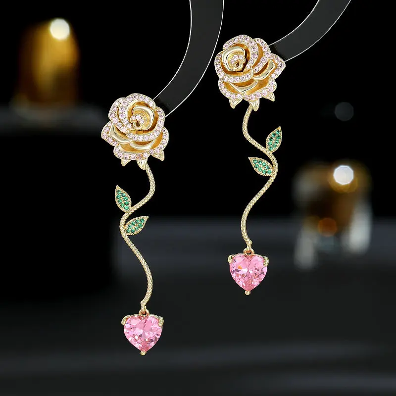 

Exquisite Shiny Glossy Rose Flower Shape 62x16mm Zircon Crystal Dangle Stud Earrings For Women Nice Jewelry Gift